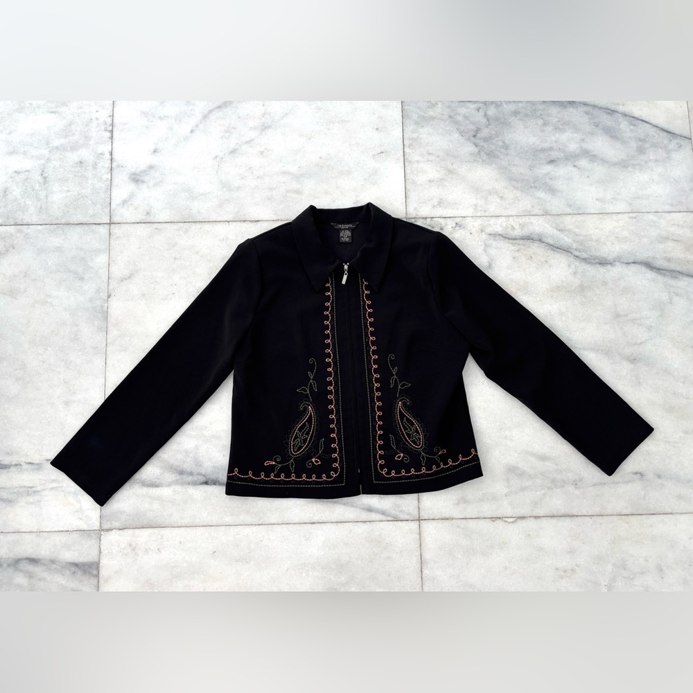 VTG T & Company Jacket Black Paisley Embroidered Full Zip Women 10P Boho Grandma